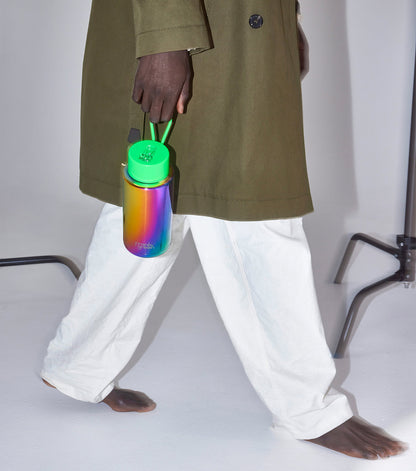 frank green Ceramic Reusable Bottle with Flip Straw Lid & Strap (34oz/1000ml) Base Chrome Rainbow