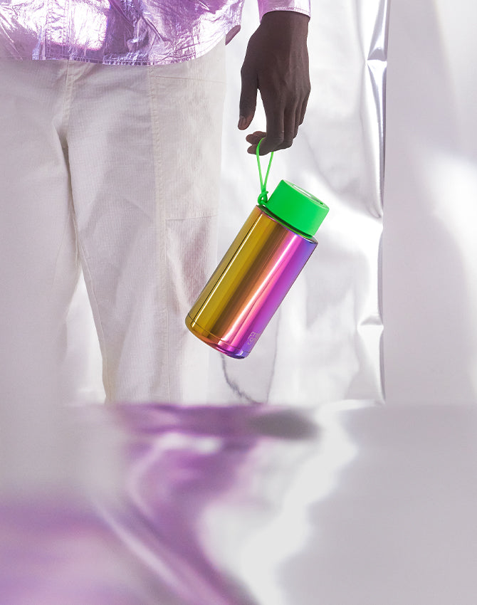 frank green Ceramic Reusable Bottle with Flip Straw Lid & Strap (34oz/1000ml) Base Chrome Rainbow