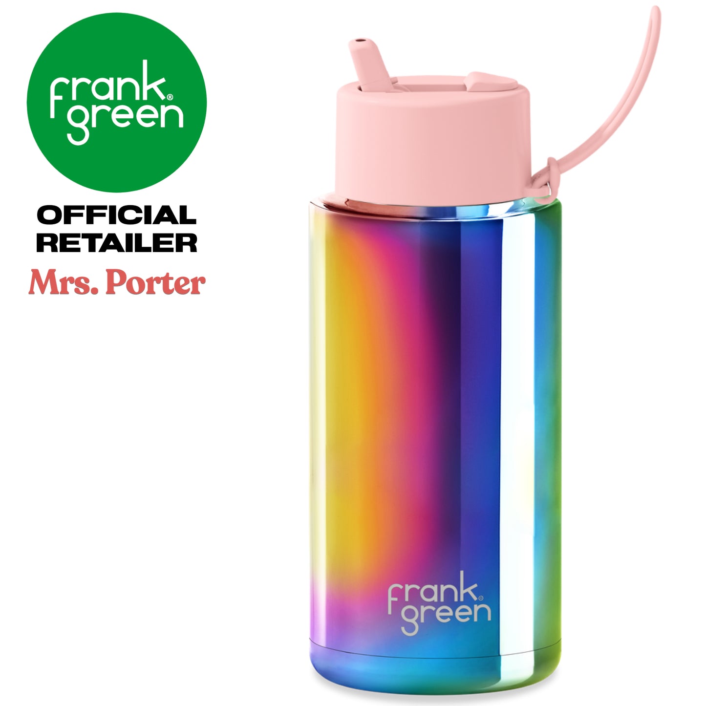frank green Ceramic Reusable Bottle with Flip Straw Lid & Strap (34oz/1000ml) Base Chrome Rainbow