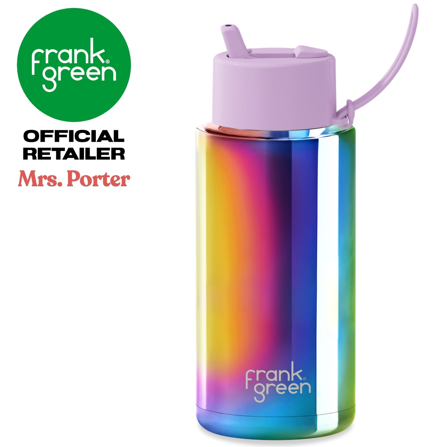 frank green Ceramic Reusable Bottle with Flip Straw Lid & Strap (34oz/1000ml) Base Chrome Rainbow