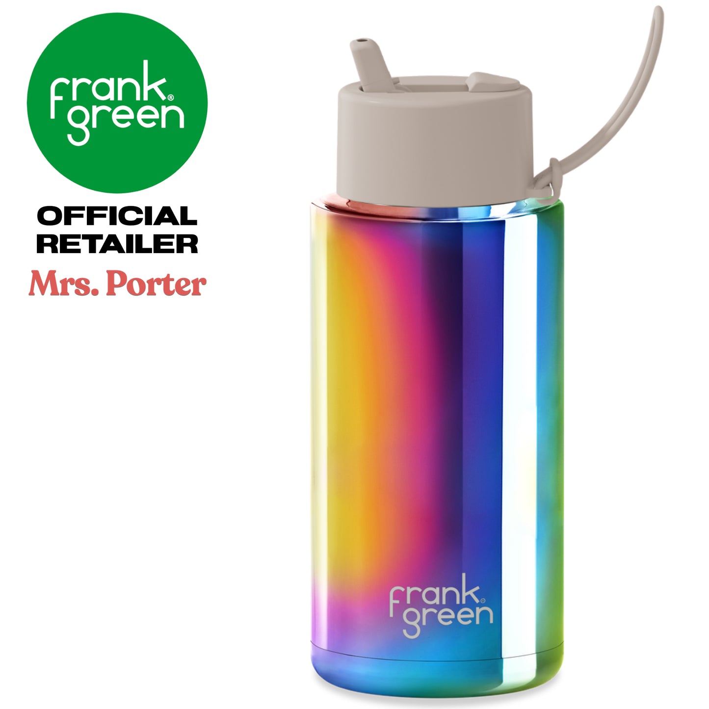 frank green Ceramic Reusable Bottle with Flip Straw Lid & Strap (34oz/1000ml) Base Chrome Rainbow