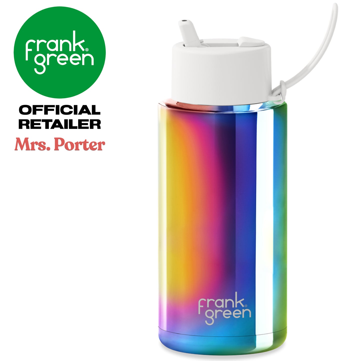 frank green Ceramic Reusable Bottle with Flip Straw Lid & Strap (34oz/1000ml) Base Chrome Rainbow