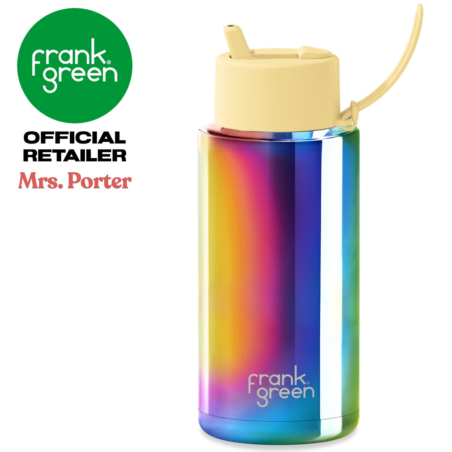 frank green Ceramic Reusable Bottle with Flip Straw Lid & Strap (34oz/1000ml) Base Chrome Rainbow