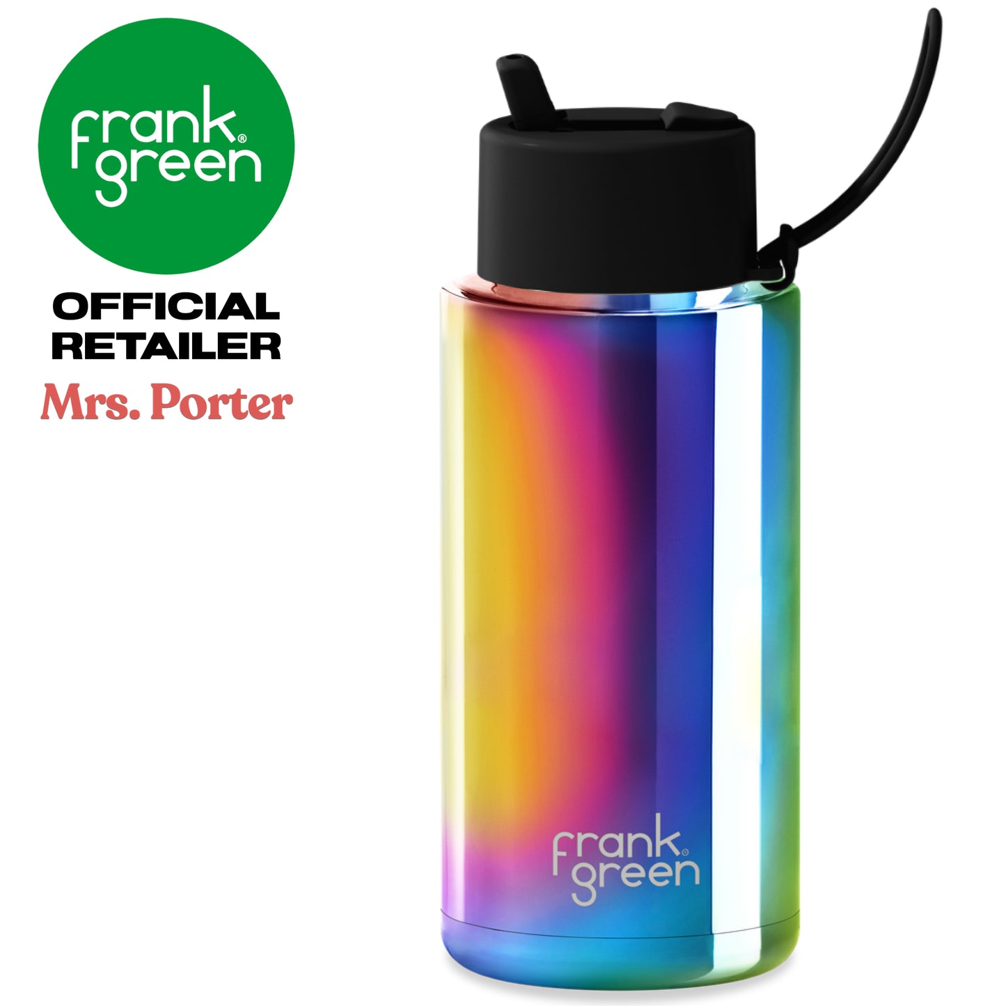 frank green Ceramic Reusable Bottle with Flip Straw Lid & Strap (34oz/1000ml) Base Chrome Rainbow