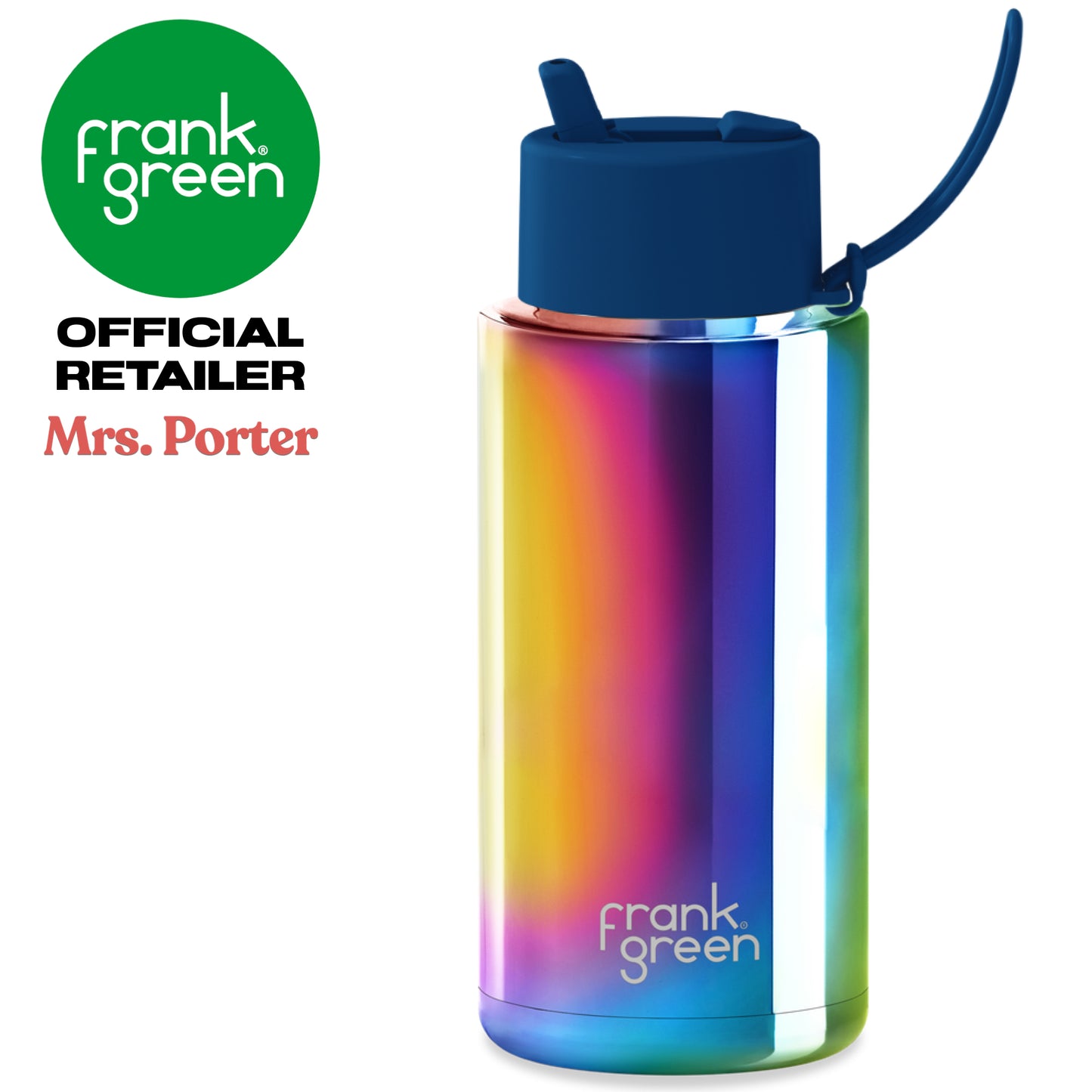 frank green Ceramic Reusable Bottle with Flip Straw Lid & Strap (34oz/1000ml) Base Chrome Rainbow