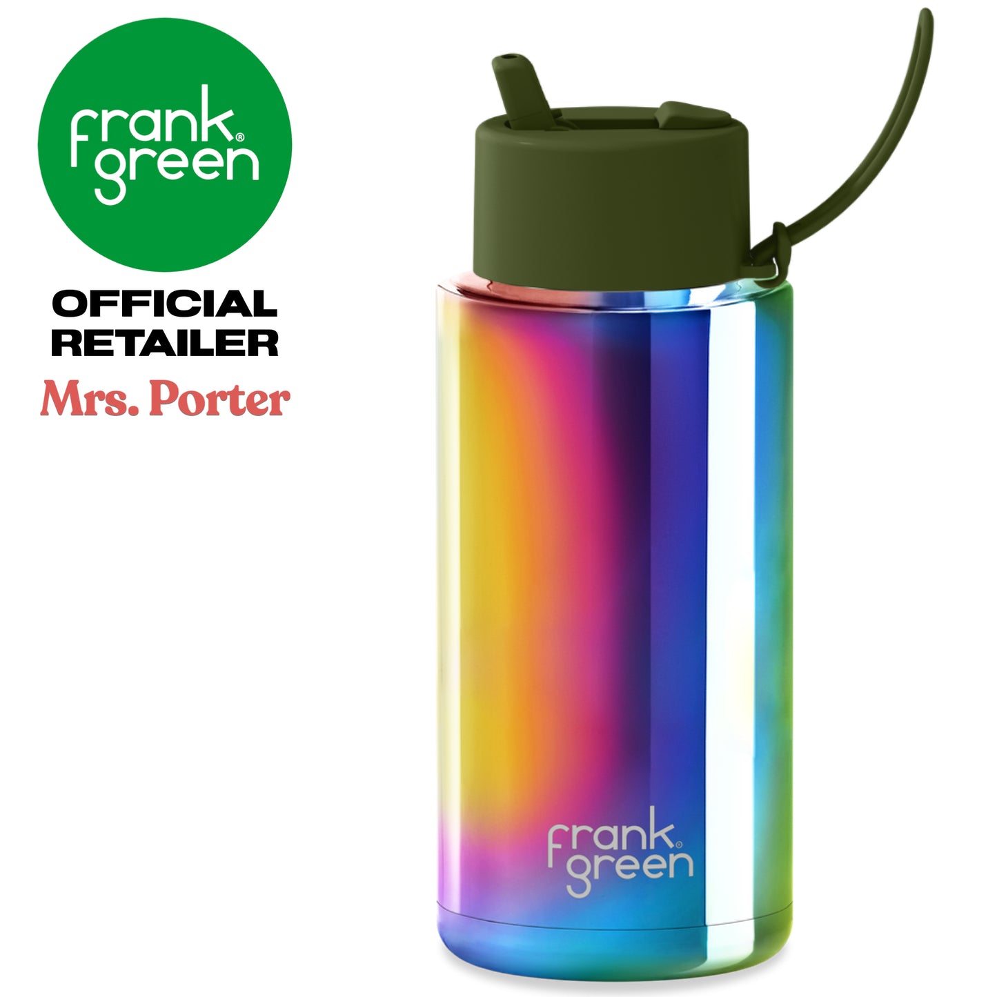 frank green Ceramic Reusable Bottle with Flip Straw Lid & Strap (34oz/1000ml) Base Chrome Rainbow