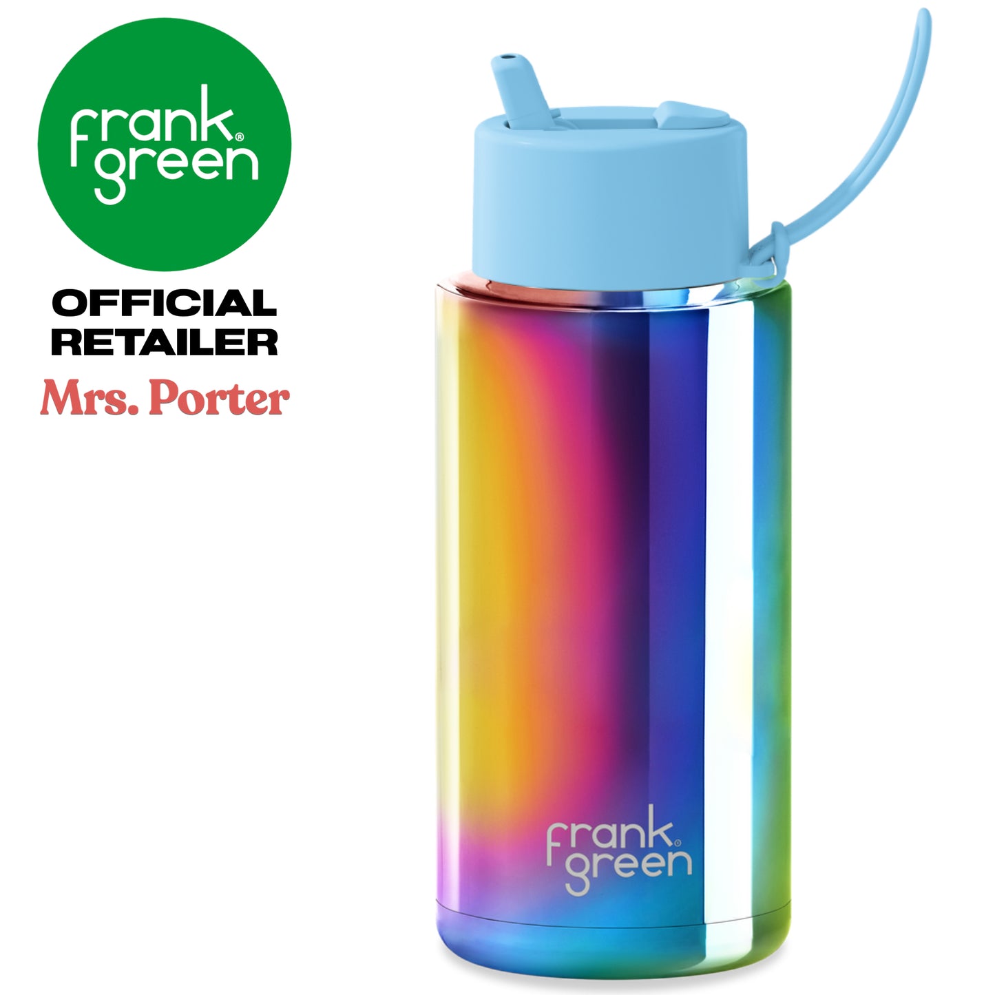 frank green Ceramic Reusable Bottle with Flip Straw Lid & Strap (34oz/1000ml) Base Chrome Rainbow