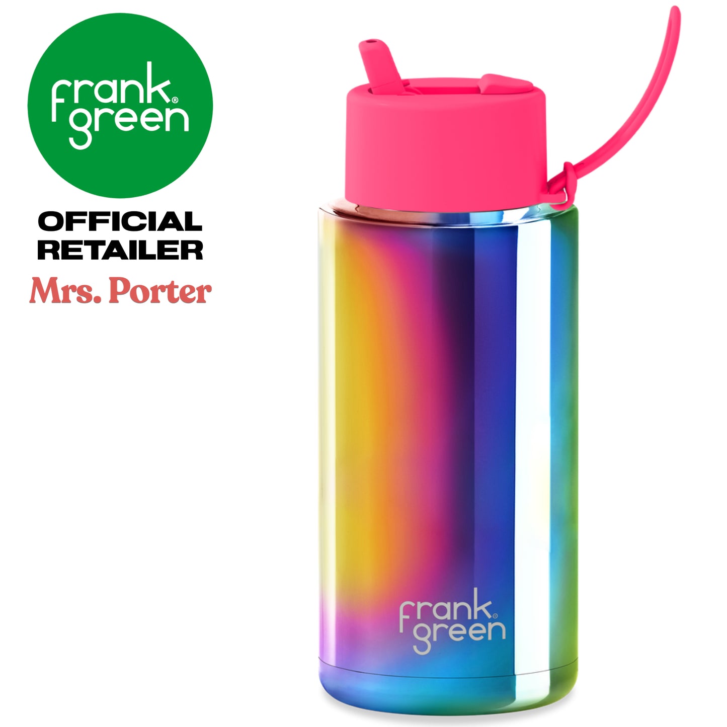 frank green Ceramic Reusable Bottle with Flip Straw Lid & Strap (34oz/1000ml) Base Chrome Rainbow